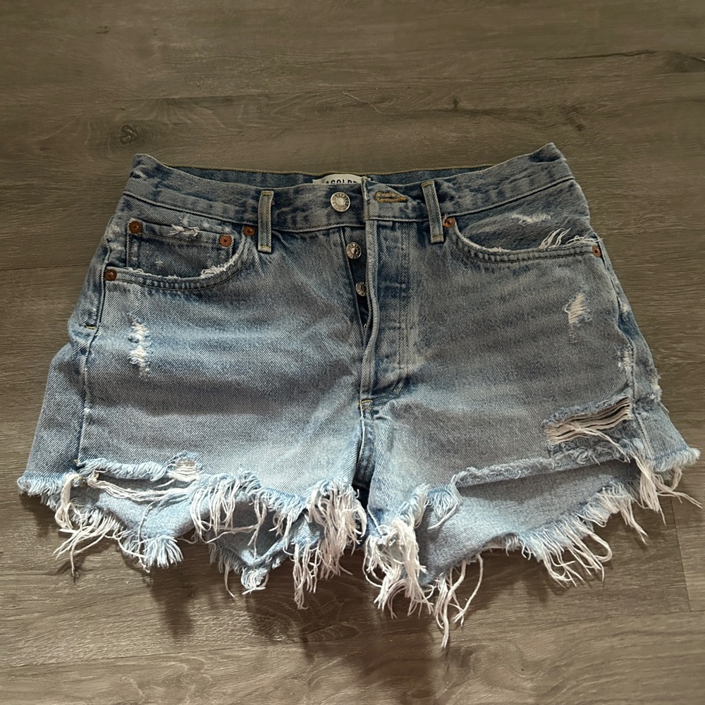 Agolde Light Blue Frayed Jean Shorts